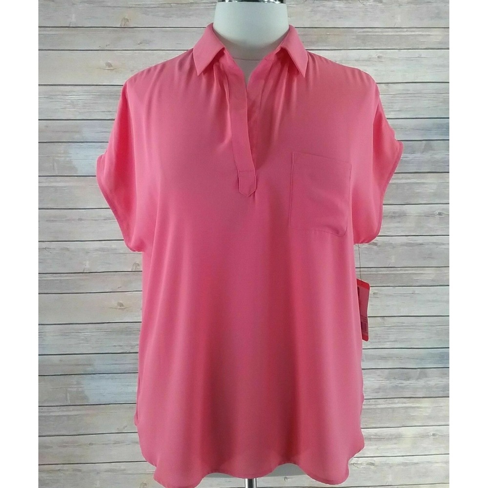 NWT PLEIONE Top XXL Light Coral Pink V Neck Shirt Tail Hem Pocket Tunic